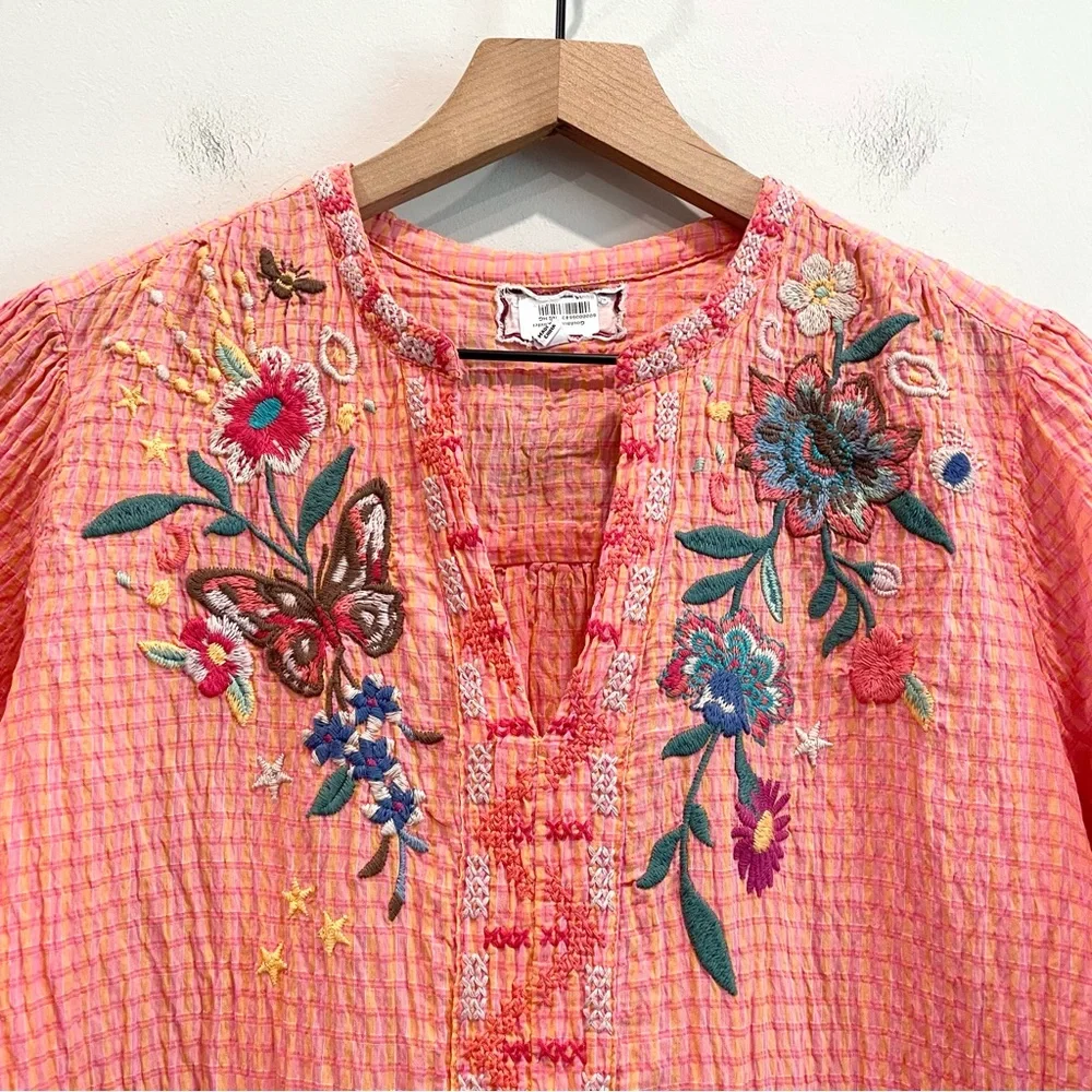 Johnny Was Olinda Embroidered Puff Sleeve Textured Blouse